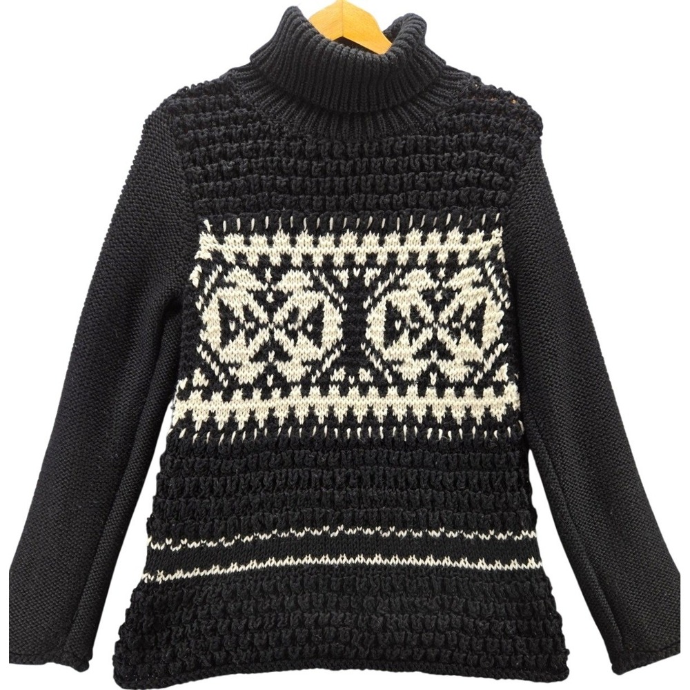 Sundance Womens Black Wool Blend Fair Isle Turtleneck Sweater Med Popcorn Knit